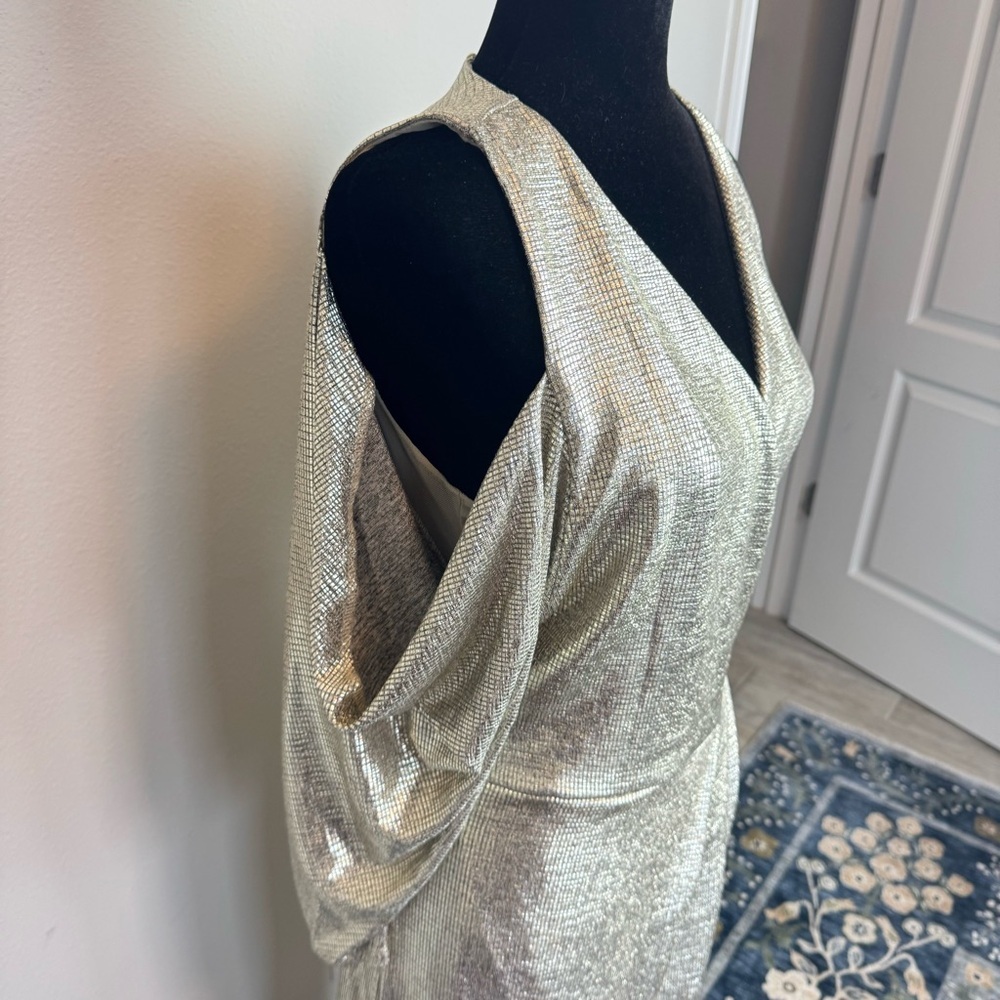 NWT RACHEL Rachel Roy Gold Metallic Off The Shoulder Draped Sleeve Midi Dress L - Picture 7 of 15